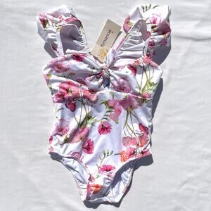 Submarine Designer One Piece Swimsuit Girls 6T Watercolor White Floral Ruffle